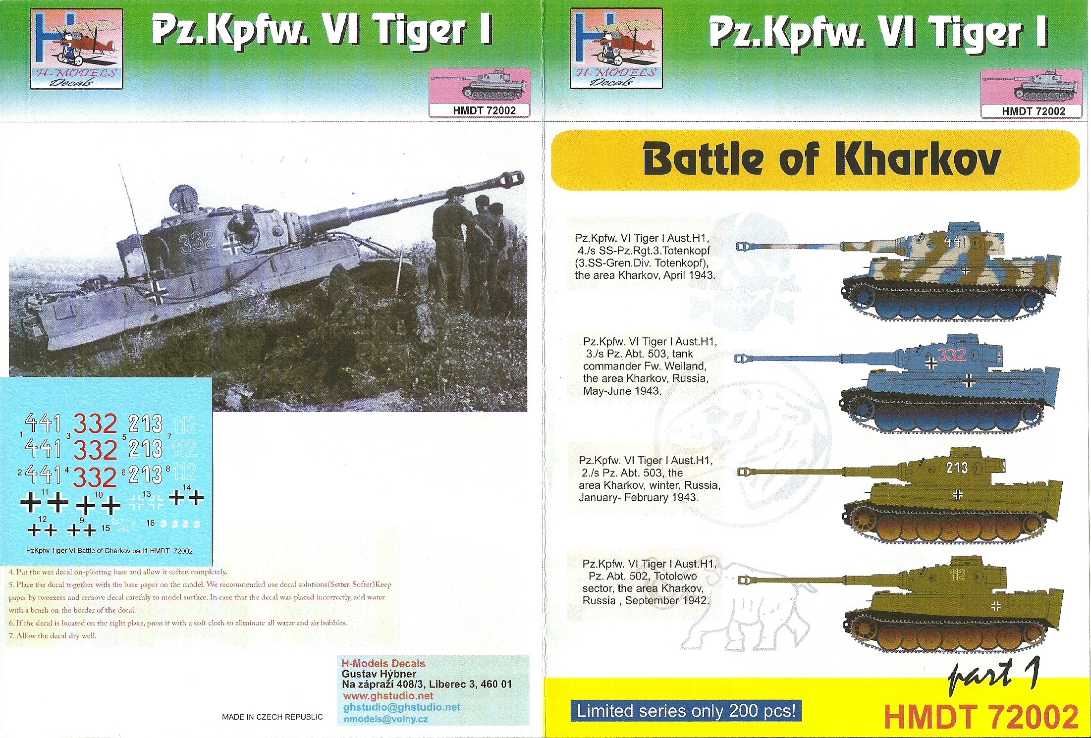 Battle of Kharkov Part 1 H-Models Decals 1/72 Pz Kpfw VI Tiger I 