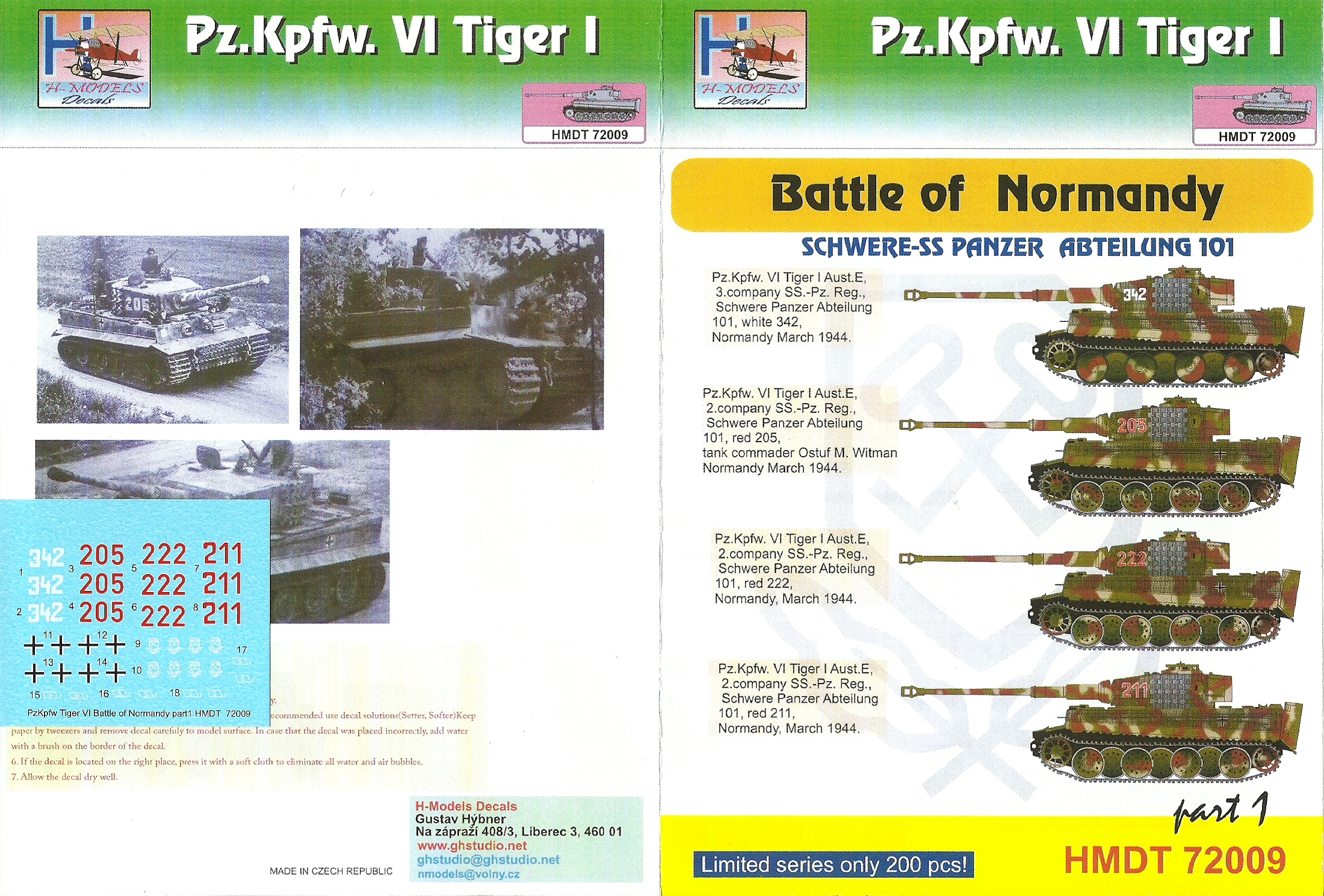 Battle of Normandy Pt 2 sSSPz-Abt 102 H-Models Decals 1//72 Pz Kpfw VI Tiger I